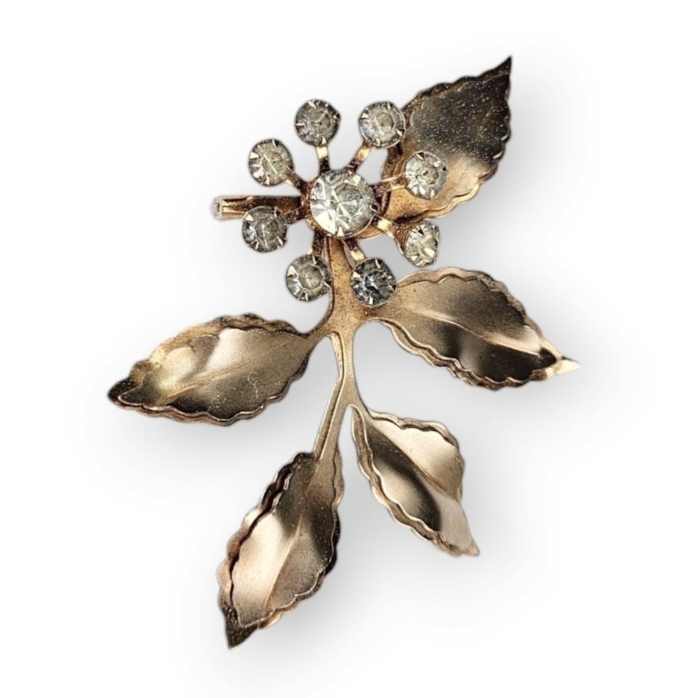 Vintage Flower Rhinestone Brooch Rose Gold Filled Double Layer Leaves 50s 2.5"